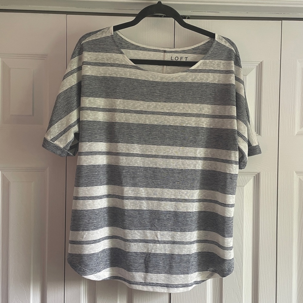 LOFT Gray and White Striped Short Sleeve Tee
